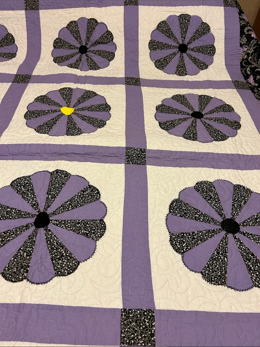 ONE OF A KIND- HANDCRAFTED Floral Quilt in Black, Lavender and Random Yellow